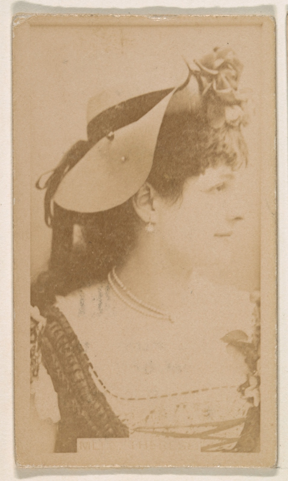 Actress in profile wearing hat with blossoms, from the Actresses series (N245) issued by Kinney Brothers to promote Sweet Caporal Cigarettes — Kinney Brothers Tobacco Company
