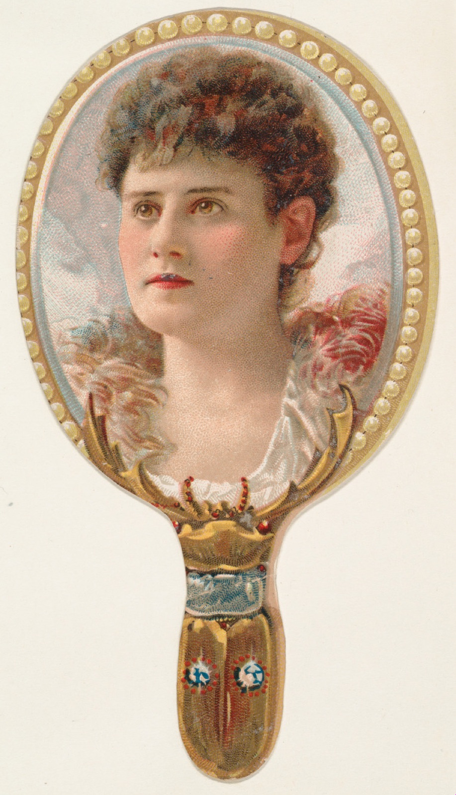 Hand mirror with woman in feathered collar, from the Novelties series (N122) issued by Gail & Ax Tobacco to promote Navy Long Cut — Gail & Ax Tobacco