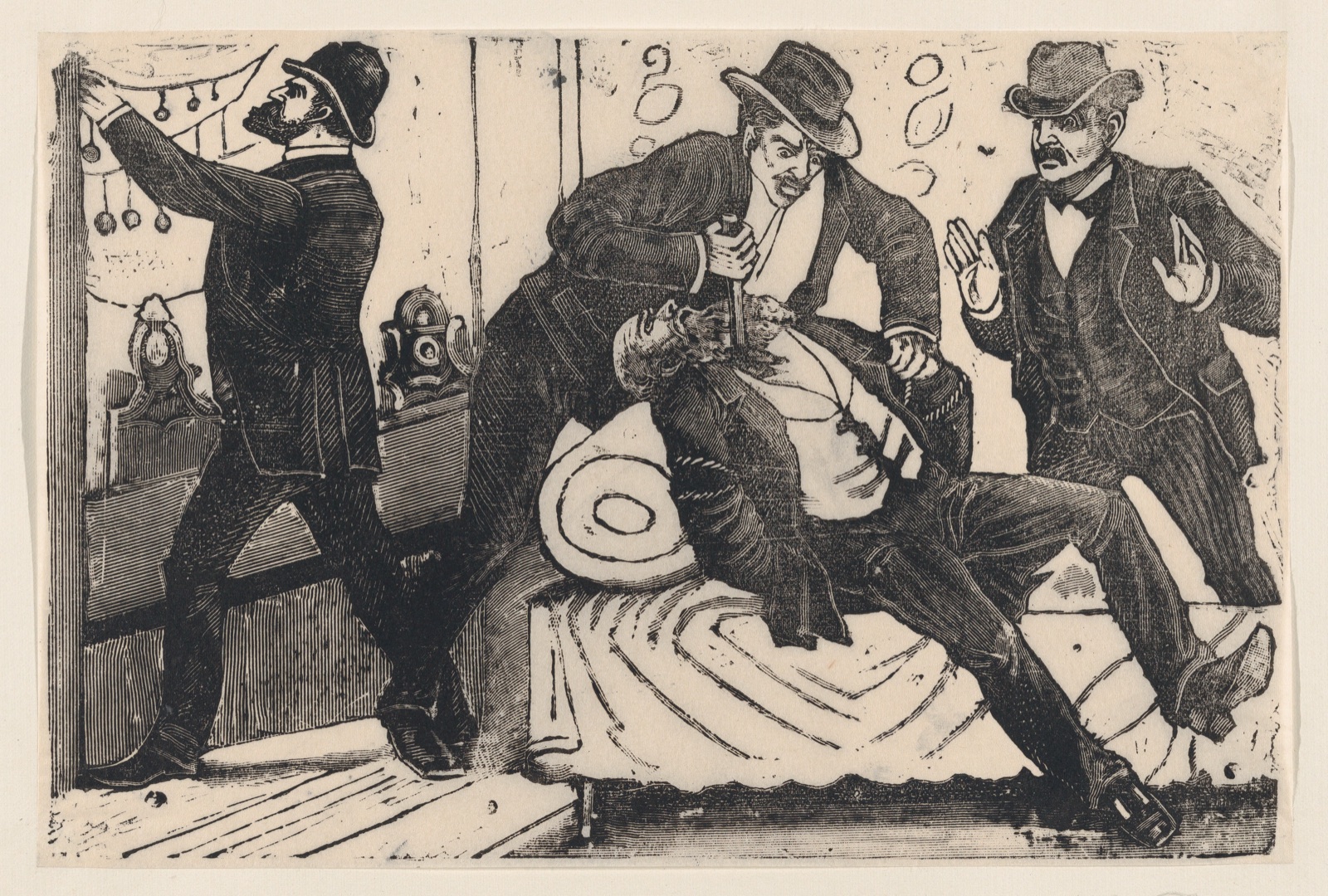 A man stabbing another man in the chest while his associates loot a store, from a broadside entitled 'The theft at La Profesa' — José Guadalupe Posada