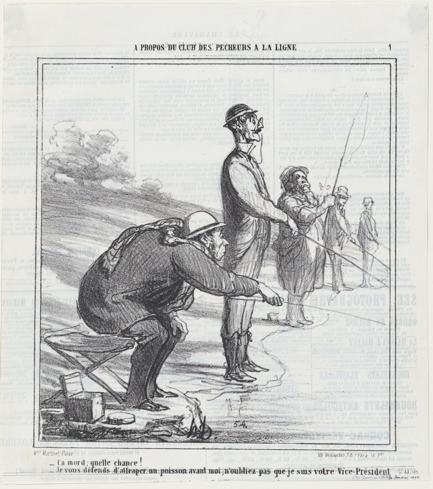 –A bite, what luck! –I forbid you to catch a fish before I do, don't forget, I am your Vice-President!, from 'The fishing club,' published in Le Charivari, January 31, 1866 — Honoré Daumier