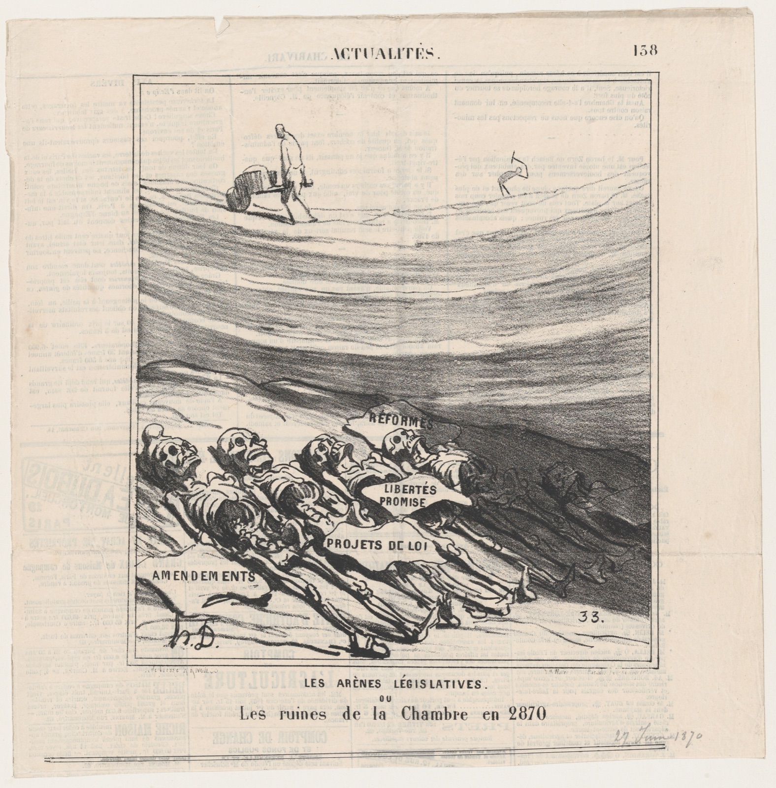 The legislative arena or the ruins of the Chamber of Deputies in the year 2870, from 'News of the day,' published in Le Charivari, June 27, 1870 — Honoré Daumier