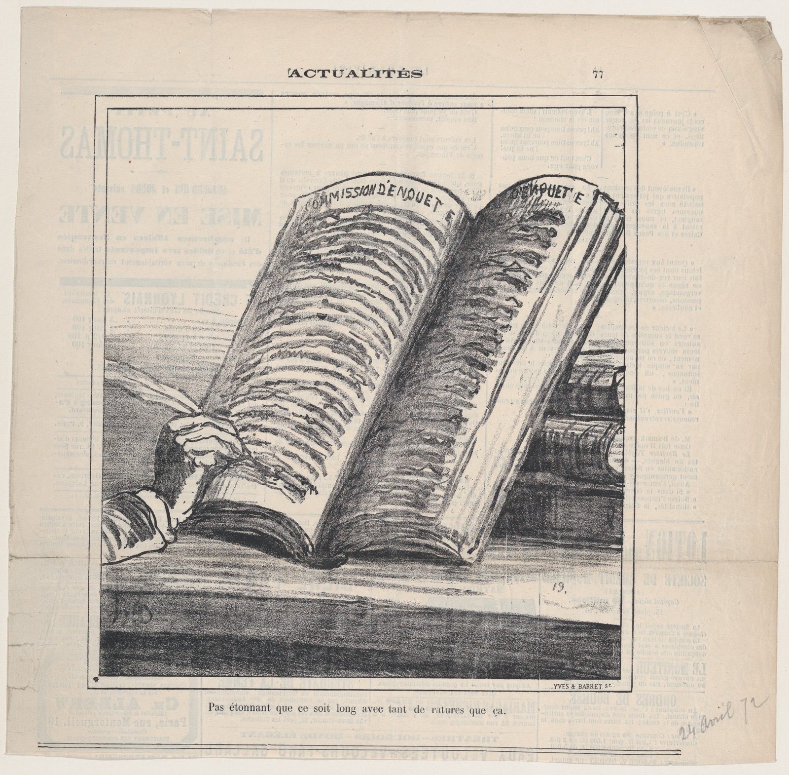 Not surprising that it will be long with all these erasures, from 'News of the day,' published in Le Charivari, April 24, 1872 — Honoré Daumier