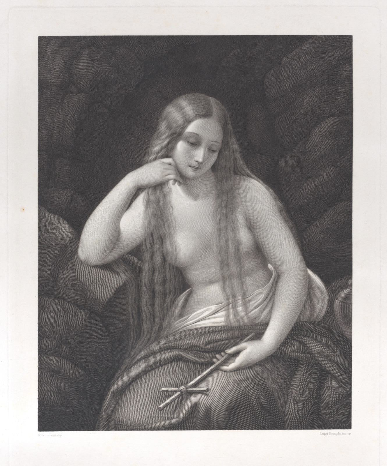 The penitent Mary Magdalene in the wilderness, holding a cross in her left hand — Luigi Boscolo
