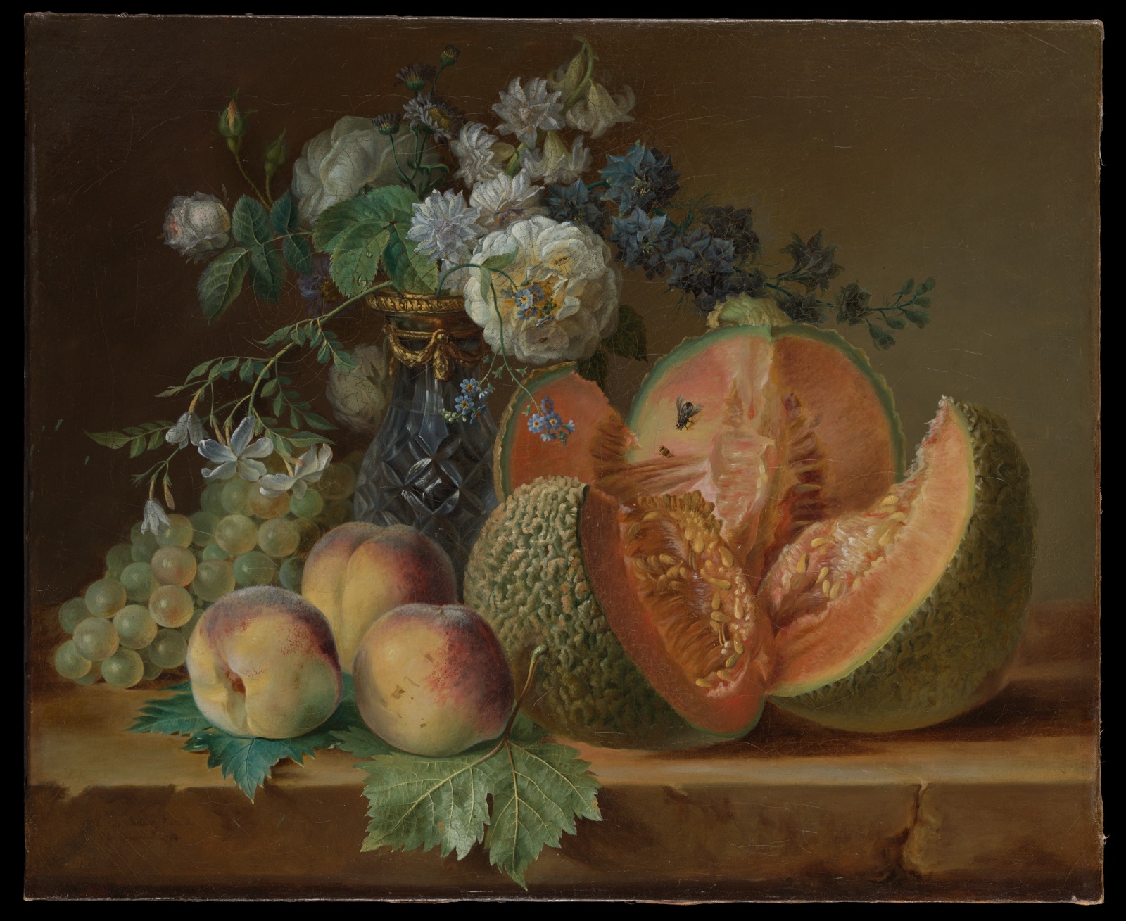 Still Life with a Vase of Flowers, Melon, Peaches, and Grapes — Charlotte Eustache Sophie de Fuligny Damas, marquise de Grollier