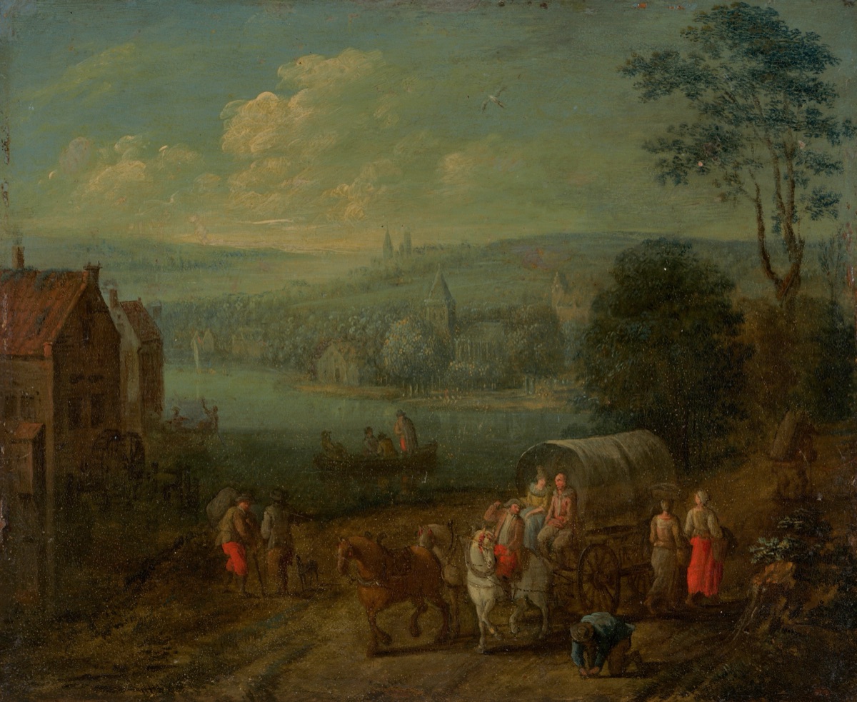 River Landscape with Villages and Travelers [verso] — related artist: Peeter Gysels; Follower of Peeter Gysels