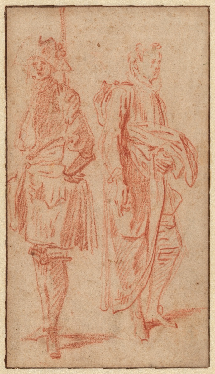 Two Standing Soldiers, One Wearing a Hat — Antoine Watteau