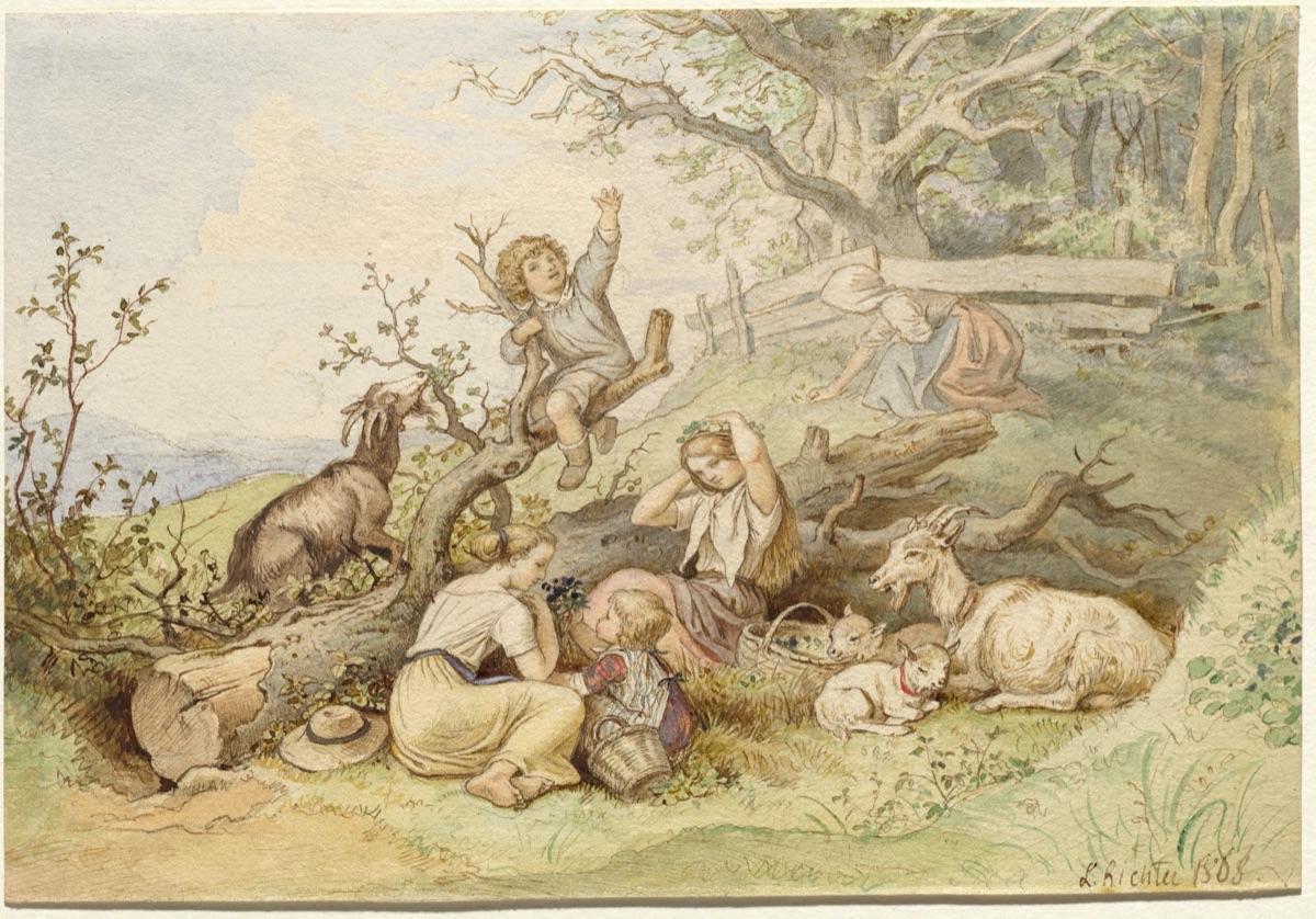 Children and Goats Resting by a Felled Tree — Ludwig Richter
