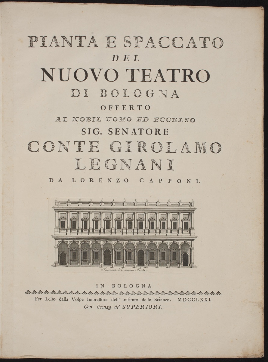 Pianta e spaccato del nuovo teatro di Bologna — Lorenzo Capponi, after Antonio Galli Bibiena
