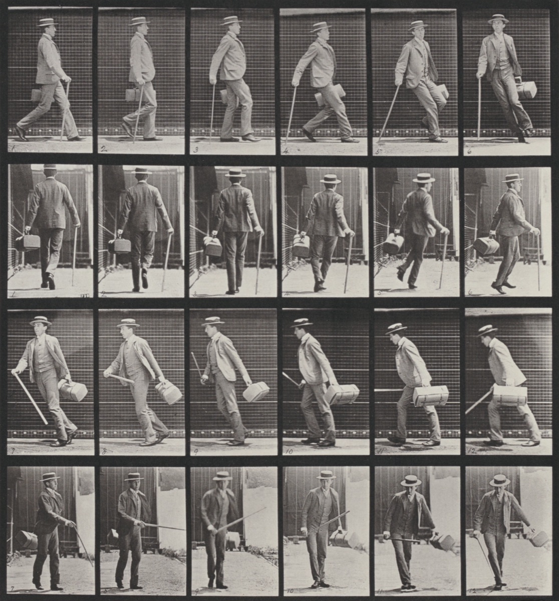 Plate Number 49. Walking and turning around rapidly with a satchel in one hand, a cane in the other — Eadweard Muybridge