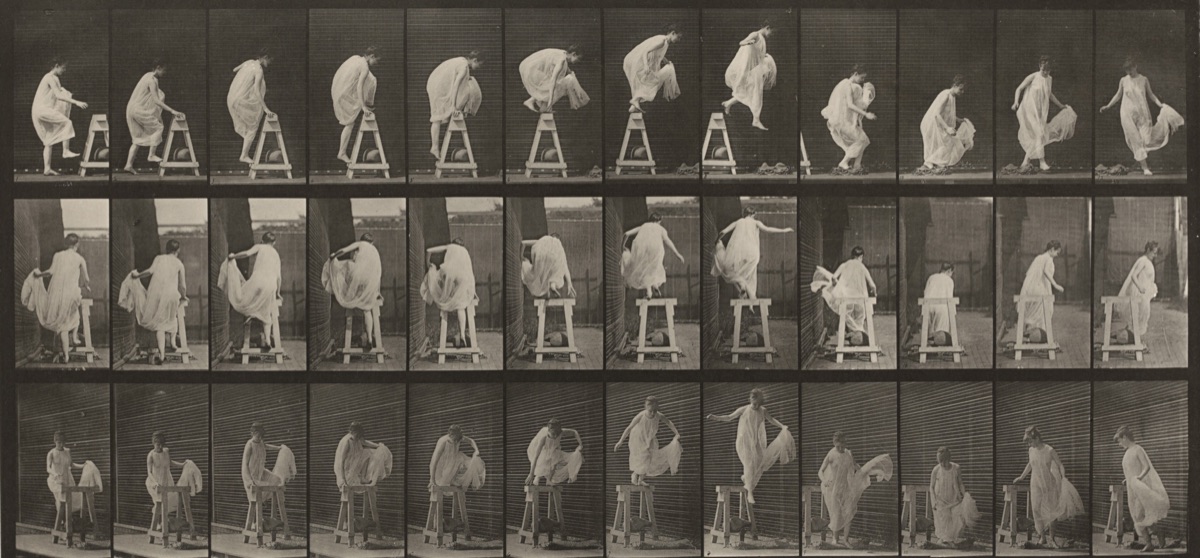 Plate Number 172. Stepping up on a trestle, jumping down and turning — Eadweard Muybridge