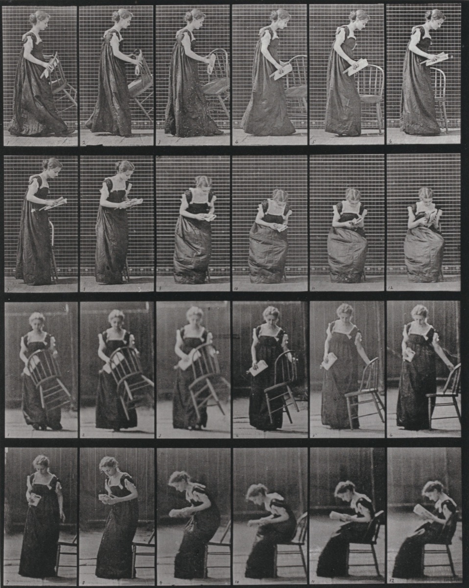 Plate Number 241. Placing a chair, sitting and reading — Eadweard Muybridge