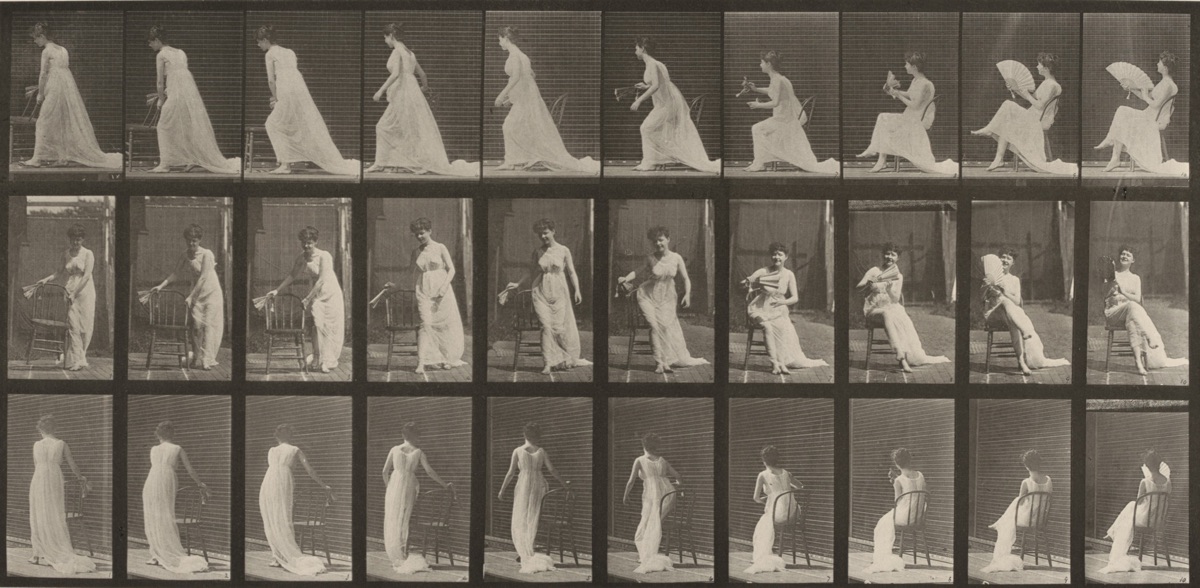 Plate Number 246. Placing chair, sitting and flirting a fan — Eadweard Muybridge