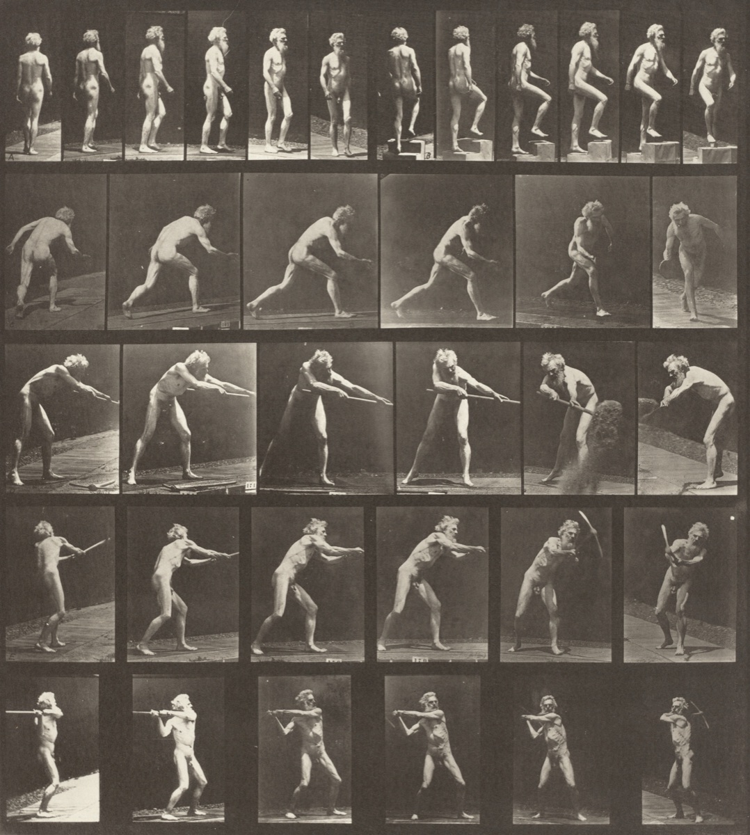 Plate Number 521. A: Walking. B: Ascending a step. C: Throwing the disk. D: Using a shovel. E, F: Using a pick — Eadweard Muybridge