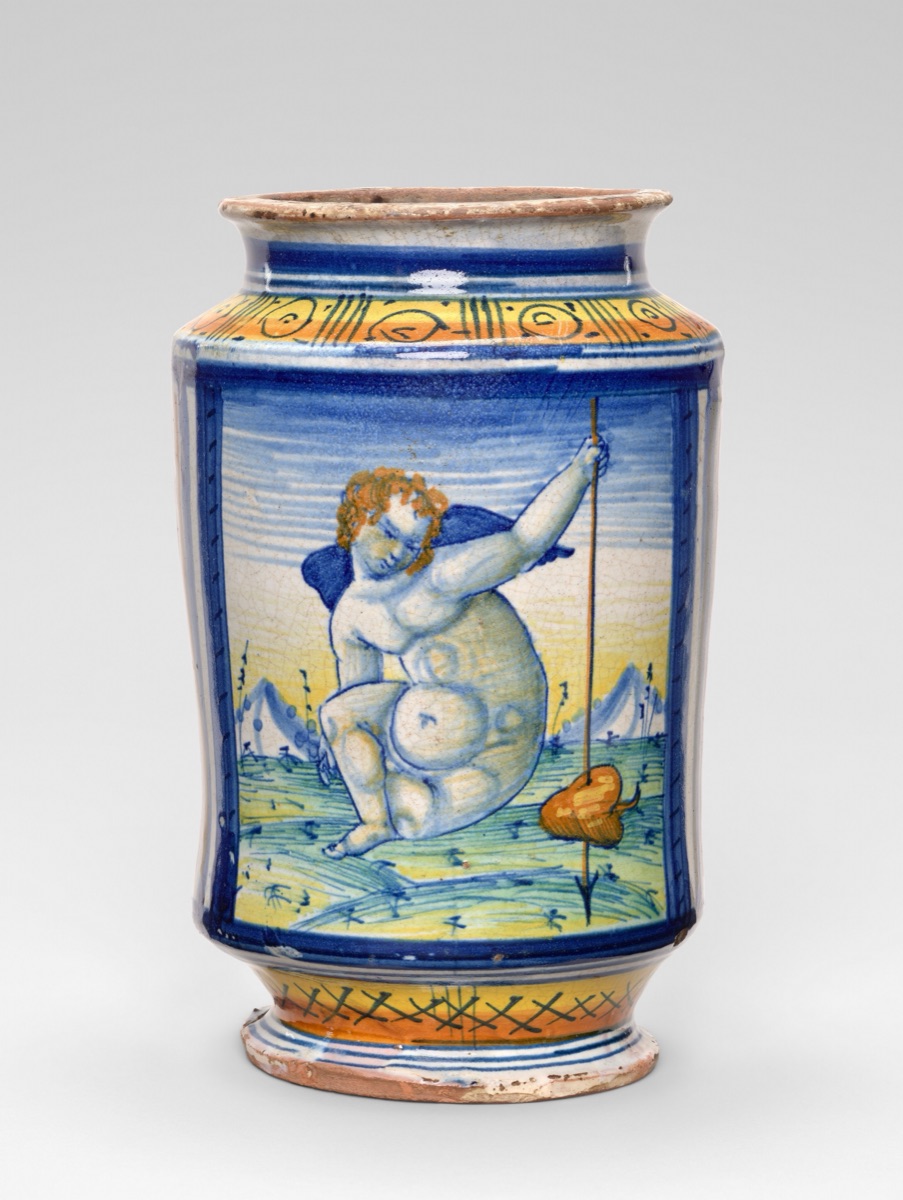 Albarello with Cupid spearing a heart — Faenza 16th Century