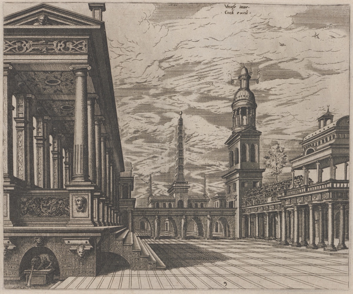 Town Square with a Colonnade at Left — Lucas van Doetechum and Johannes van Doetechum, the Elder, after Hans Vredeman de Vries