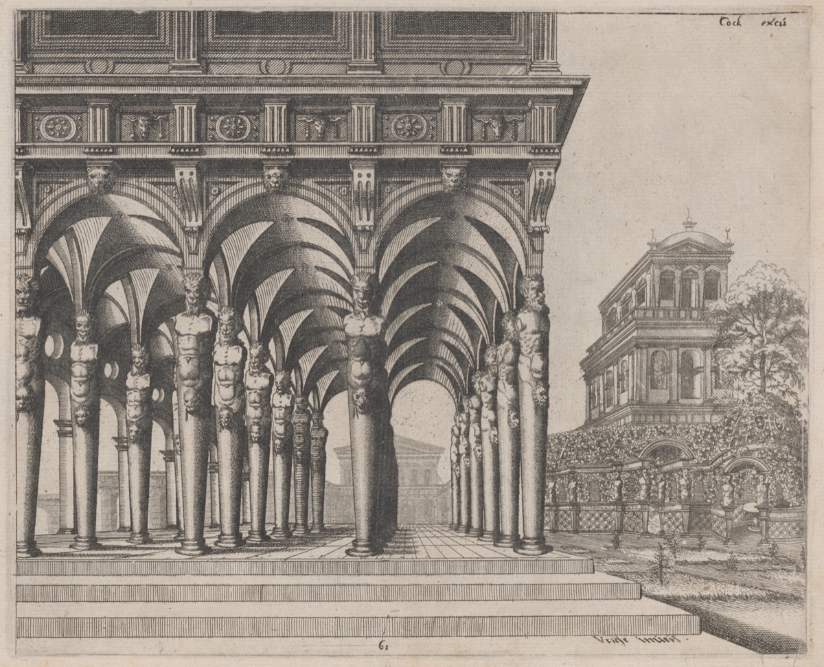 Loggia with Satyr Terms and a Garden — Lucas van Doetechum and Johannes van Doetechum, the Elder, after Hans Vredeman de Vries