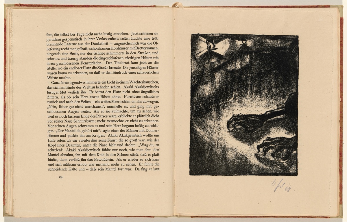 Zwei gespenstische Hände greifen nach etwas (Two Ghostly Hands Grasp for Something) (plate 8) from Der Mantel (The Coat) — Walter Gramatté