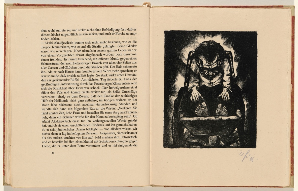 Akaki im Sarg aus Fichtenholz (Akaki in a Coffin of Spruce) (plate 10) from Der Mantel (The Coat) — Walter Gramatté