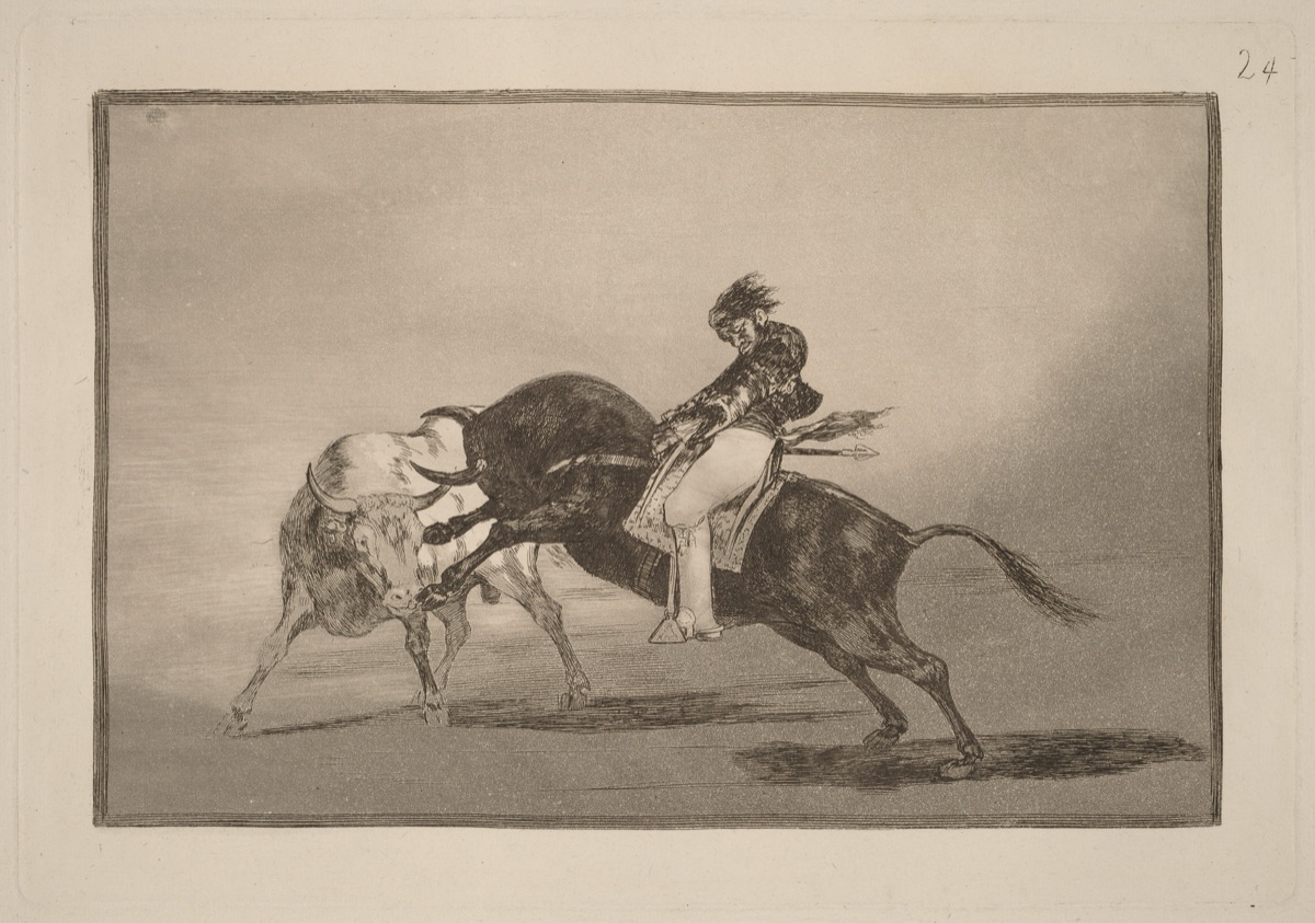 El mismo Ceballos montado sobre otro toro quiebra rejones en la plaza de Madrid (The Same Ceballos Mounted on Another Bull Breaks Short Spears in the Ring at Madrid) — Francisco Goya