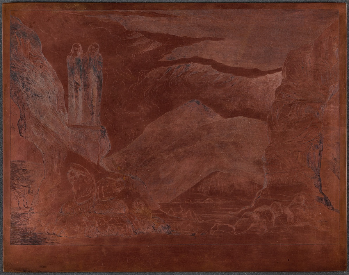 The Circle of the Falsifiers: Dante and Virgil Covering their Noses because of the st — William Blake