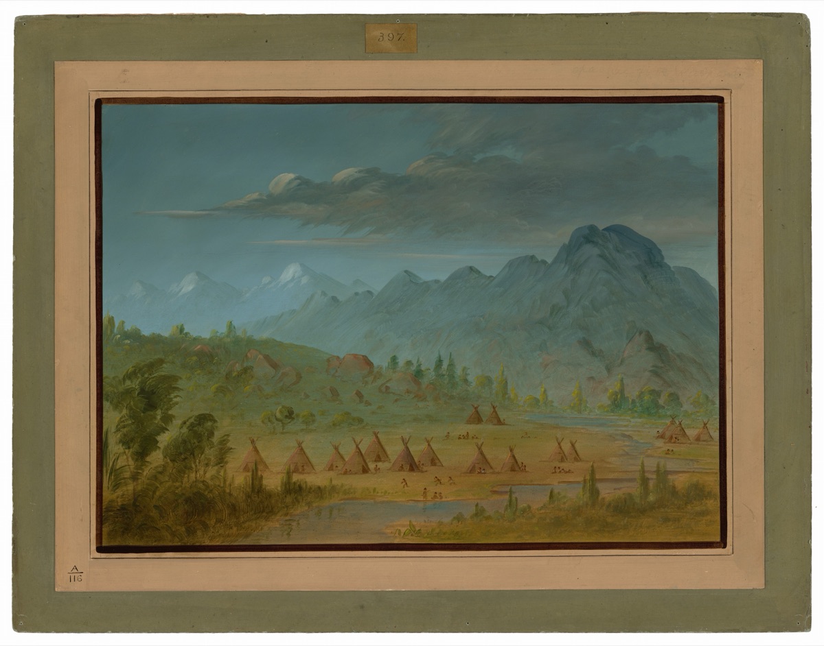 A Crow Village and the Salmon River Mountains — George Catlin
