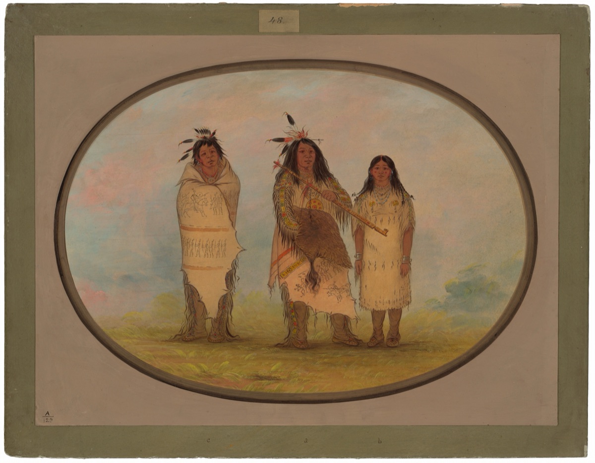 A Cheyenne Chief, His Wife, and a Medicine Man — George Catlin