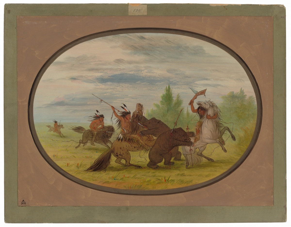 K'nisteneux Indians Attacking Two Grizzly Bears — George Catlin