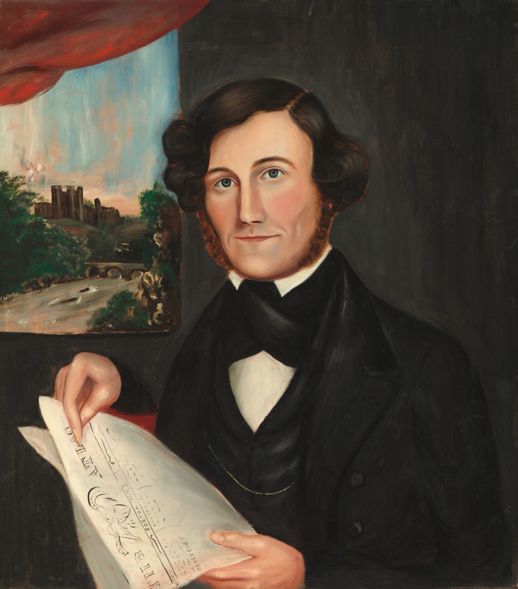 Man Named Hubbard Reading "Boston Atlas" — American 19th Century