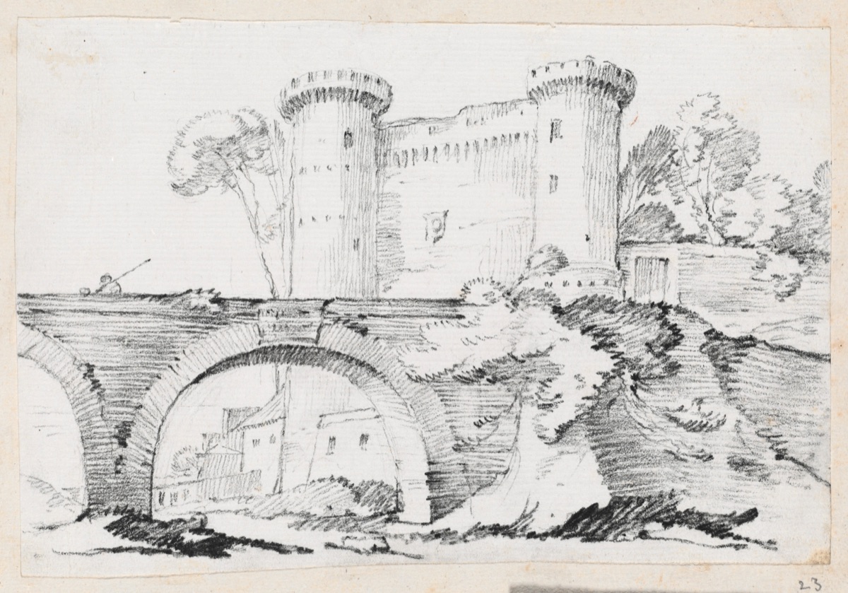 A Stone Bridge and the Fortified Entrance to a Town — Joseph-Marie Vien