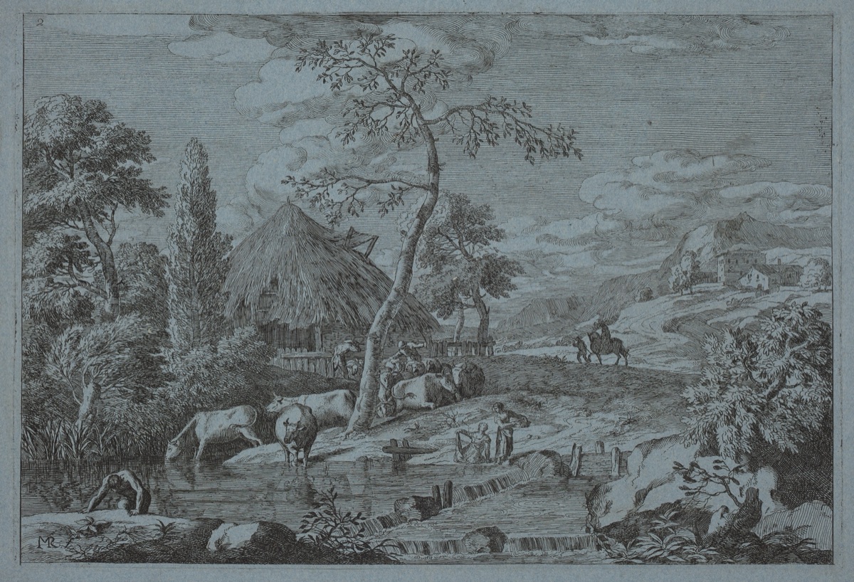 Cattle and Figures at a Farmyard Stream — Marco Ricci