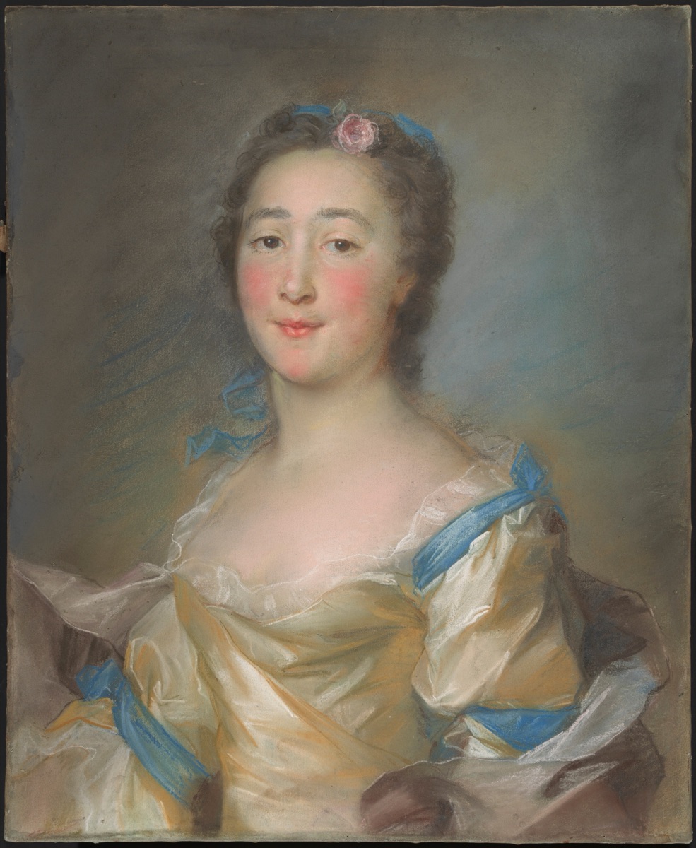 A Young Lady in a Yellow Gown with Blue Ribbons — Jean-Baptiste Perronneau