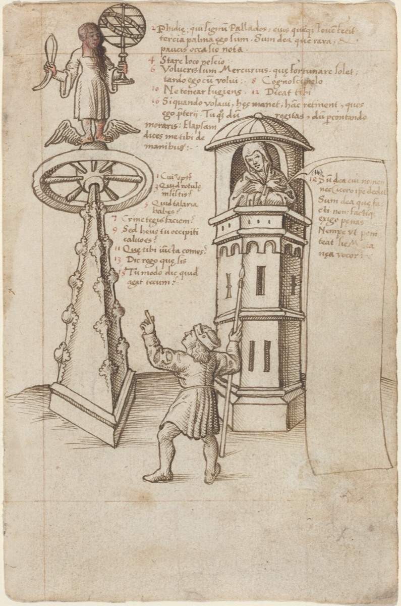 The Statue of Opportunity, a Passer-by, and Remorse [fol. 8r] — French early 16th Century