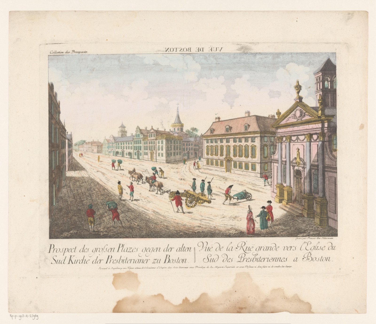 Prospect des grossen Plazes gegen der alten Sud Kirche der Presbiterianer zu Boston — Kaiserlich Franziskische Akademie (publisher); Franz Xaver Habermann (printmaker)