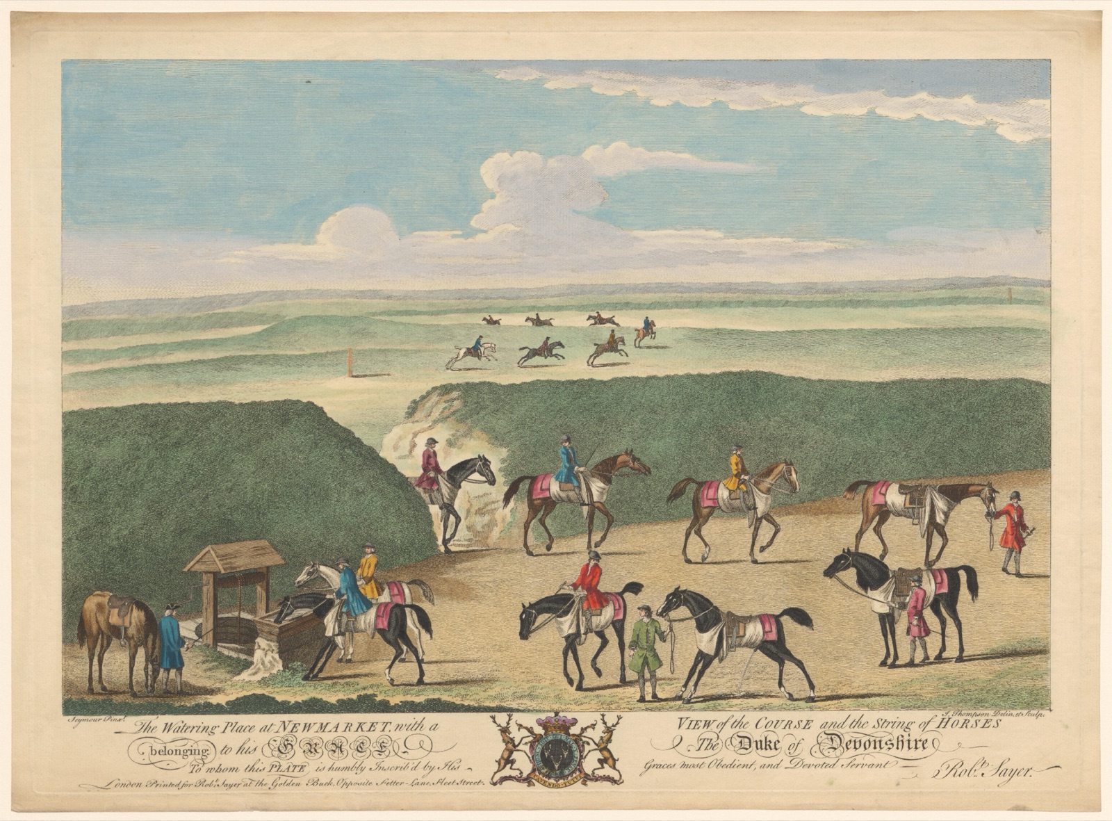 The Watering Place at Newmarket, with a View of the Course and the string of Horses — J. Thompson (printmaker); Robert Sayer (publisher)