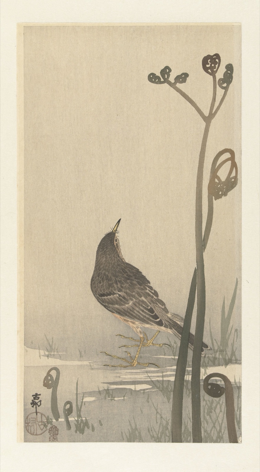 Pieper aan waterkant — Akiyama Buemon (publisher); Ohara Koson (printmaker)