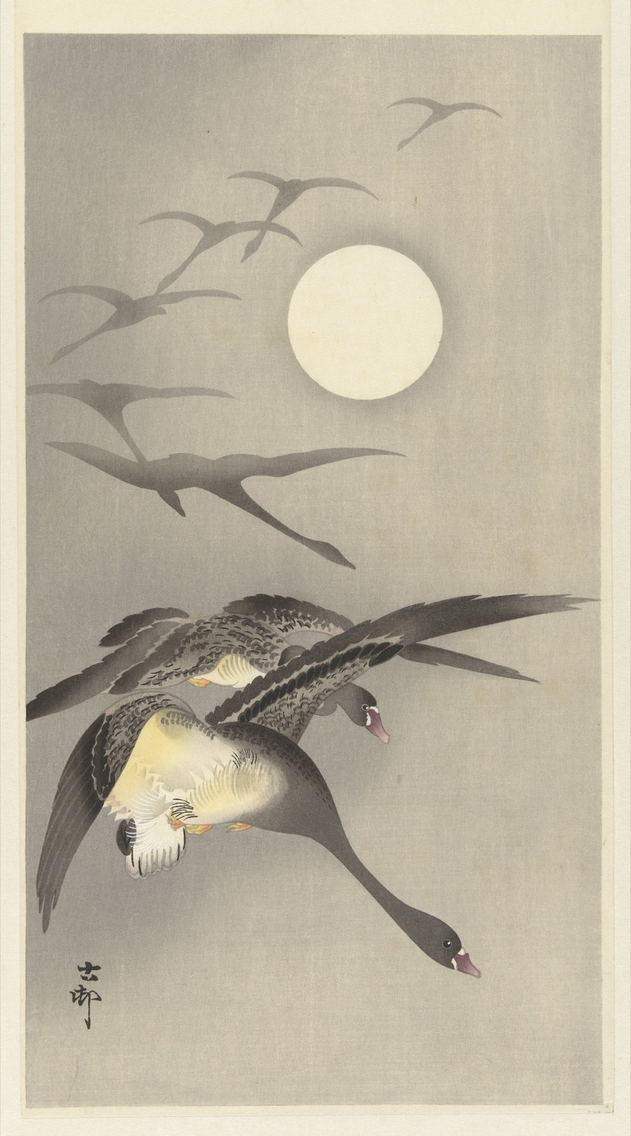 Ganzen bij volle maan — Adachi Toyohisa (publisher); Ohara Koson (printmaker)