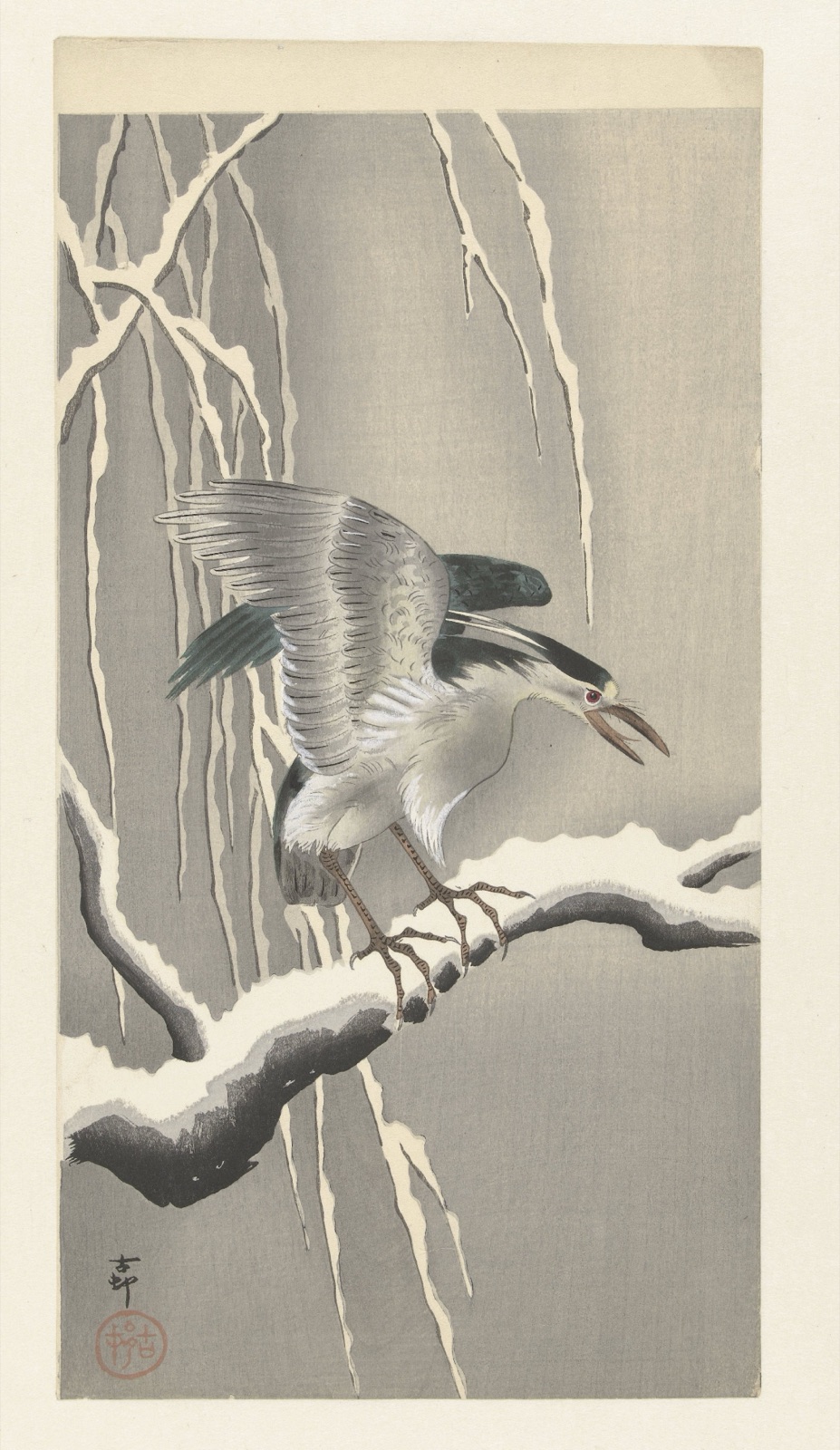 Kwak op besneeuwde tak — Matsuki Heikichi (publisher); Ohara Koson (printmaker)