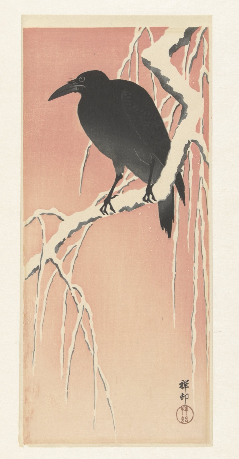 Kraai op besneeuwde tak. — Watanabe Shōzaburō (publisher); Ohara Koson (printmaker)