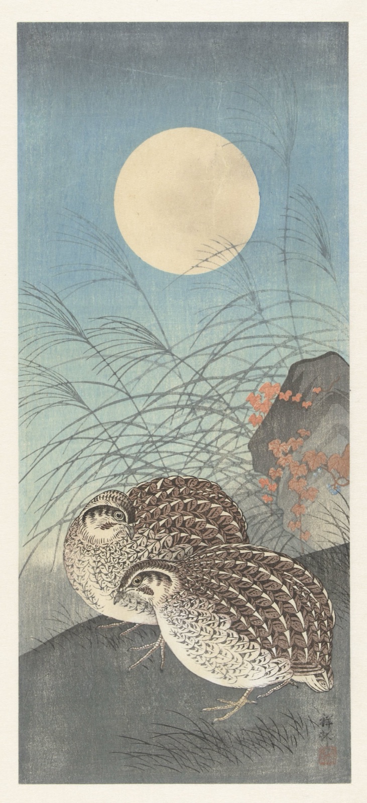 Twee kwartels bij volle maan. — Ohara Koson (printmaker); Watanabe Shōzaburō (publisher)