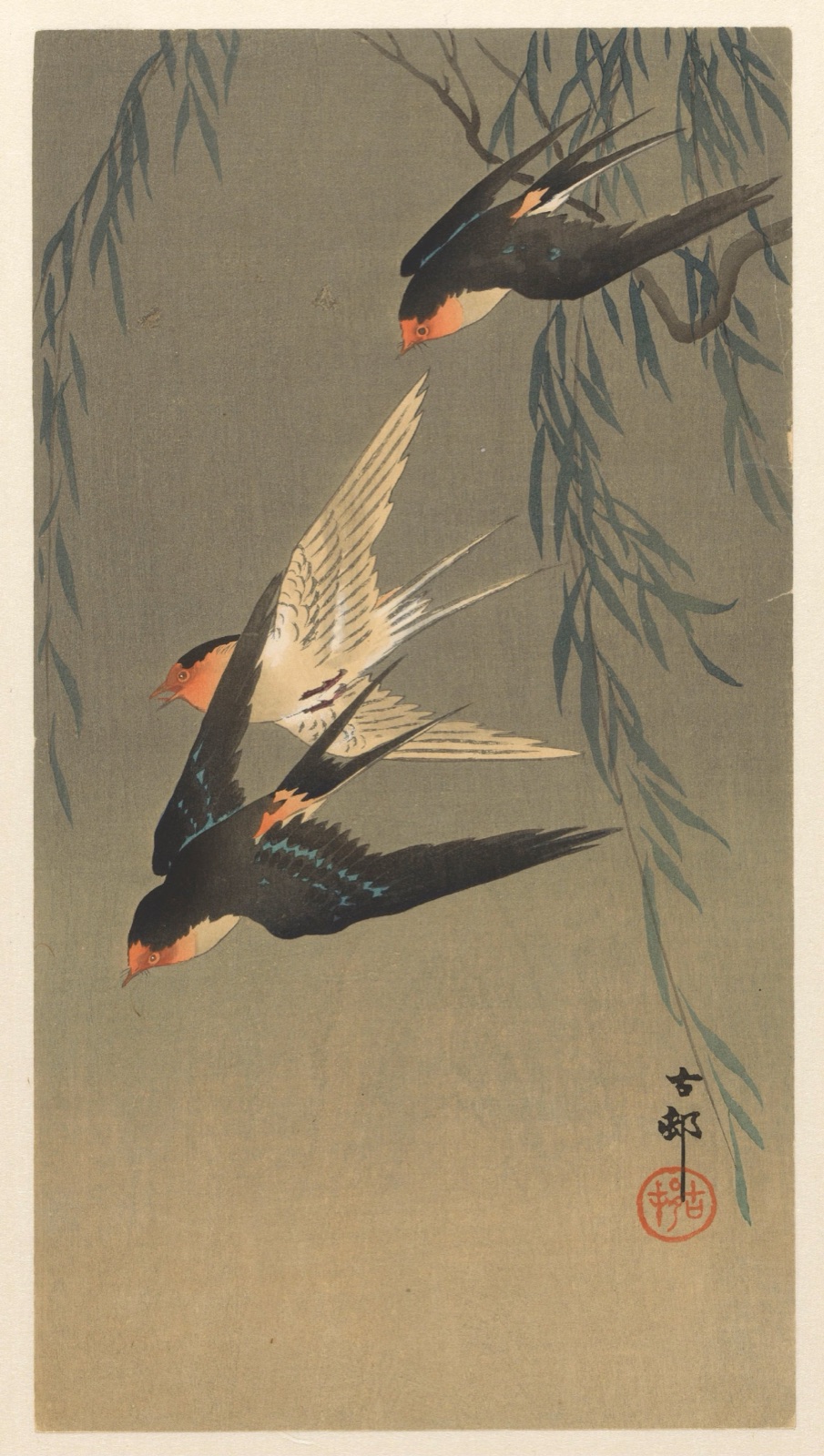 Drie roodstuitzwaluwen in duikvlucht — Ohara Koson (printmaker); Matsuki Heikichi (publisher)