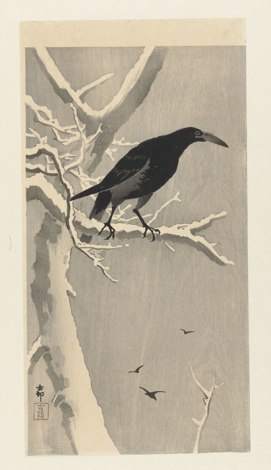 Kraai op besneeuwde boomtak. — Ohara Koson (printmaker)