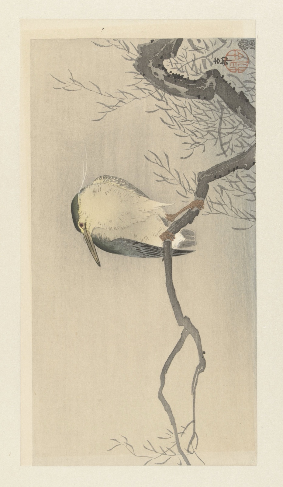 Kwak op grillige tak. — Ohara Koson (printmaker); Akiyama Buemon (publisher)