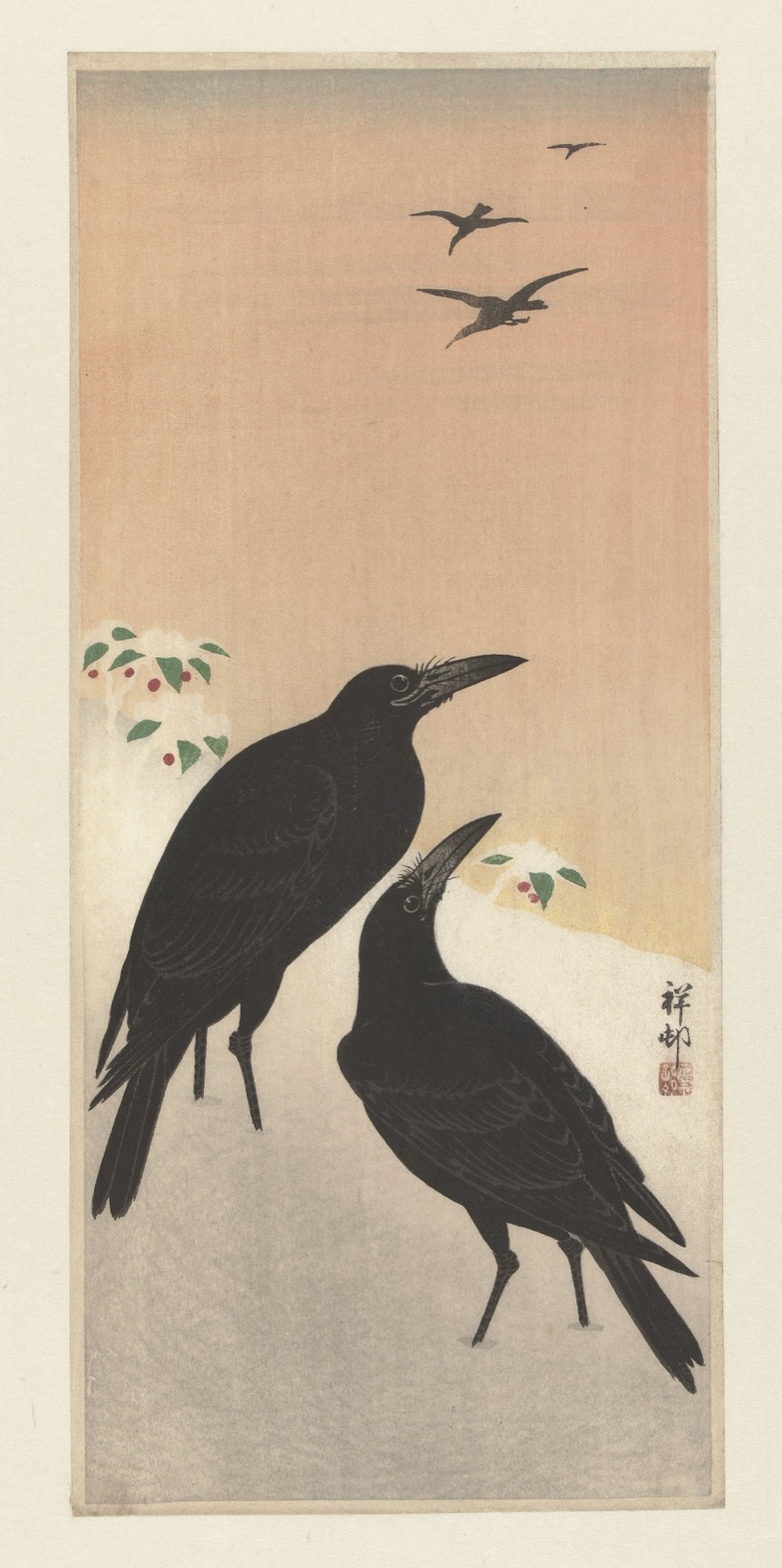 Kraaien in sneeuw — Watanabe Shōzaburō (publisher); Ohara Koson (printmaker)