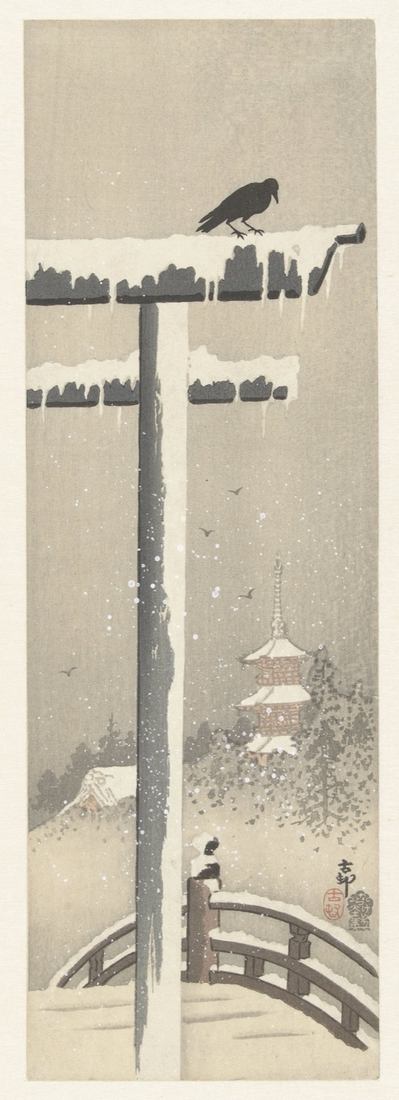 Torii in de sneeuw — Ohara Koson (printmaker); Akiyama Buemon (publisher)