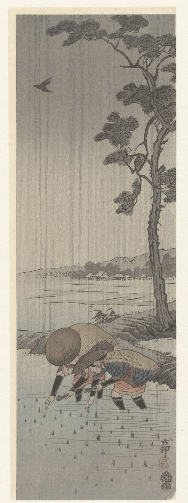 Rijstplanters in de regen — Akiyama Buemon (publisher); Ohara Koson (printmaker)