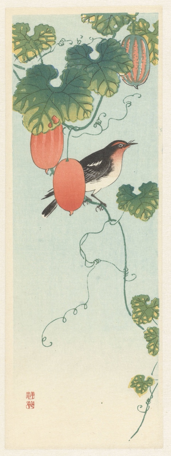 Zangvogel in komkommerplant — Ohara Koson (printmaker); Watanabe Shōzaburō (publisher)