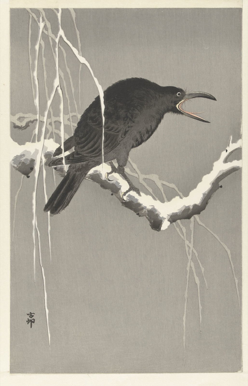 Kraai op besneeuwde boomtak — Adachi Toyohisa (publisher); Ohara Koson (printmaker)
