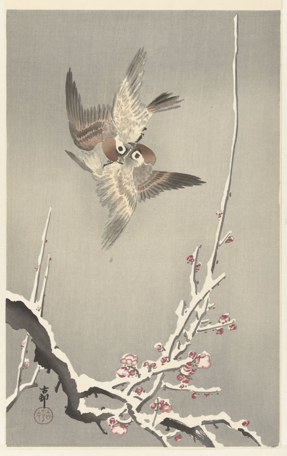 Mussen en besneeuwde pruimenboom — Ohara Koson (printmaker); Nishinomiya Yosaku (publisher)