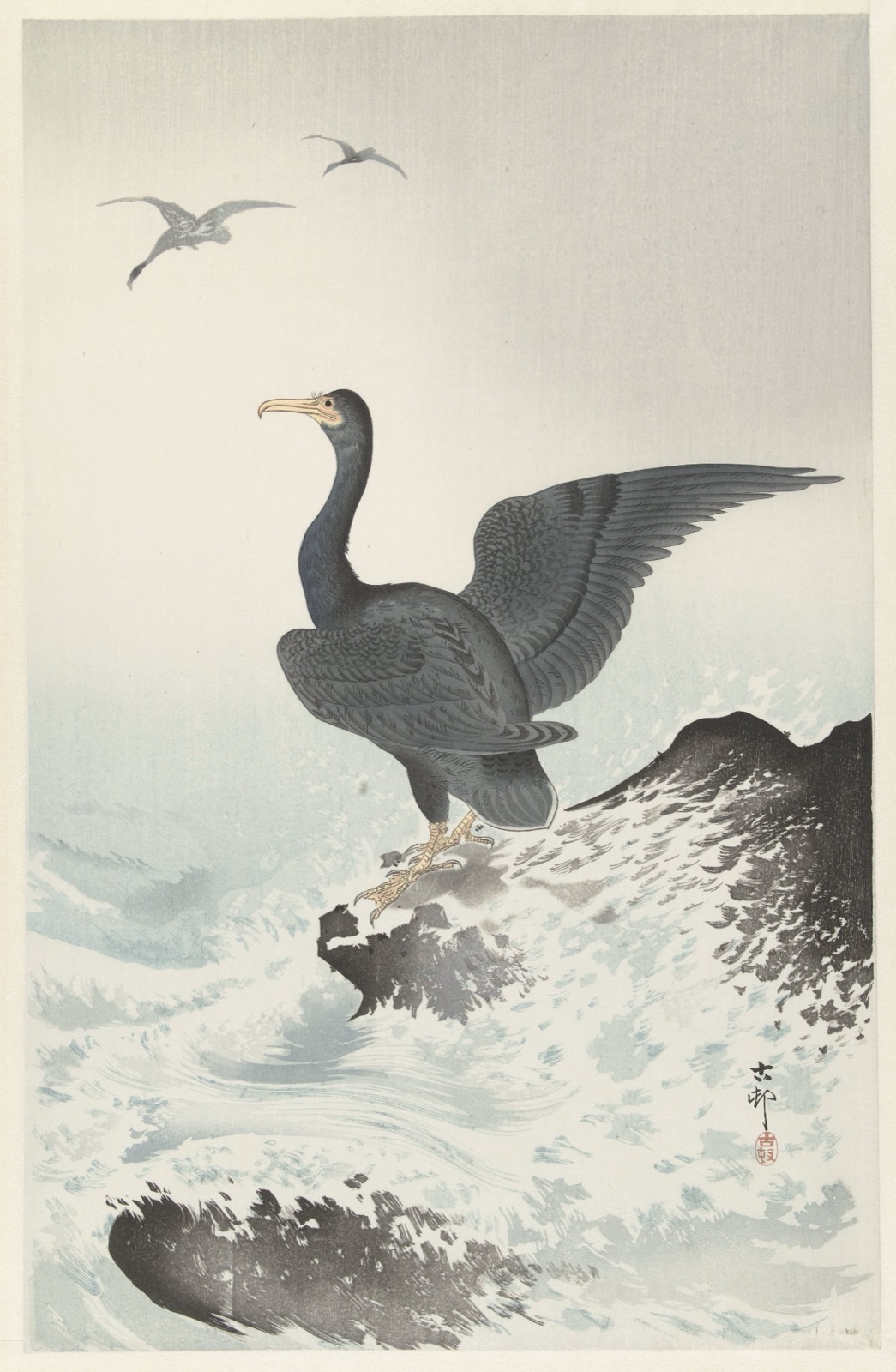 Roodmaskeraalscholver op rots — Ohara Koson (printmaker); Nishinomiya Yosaku (publisher)