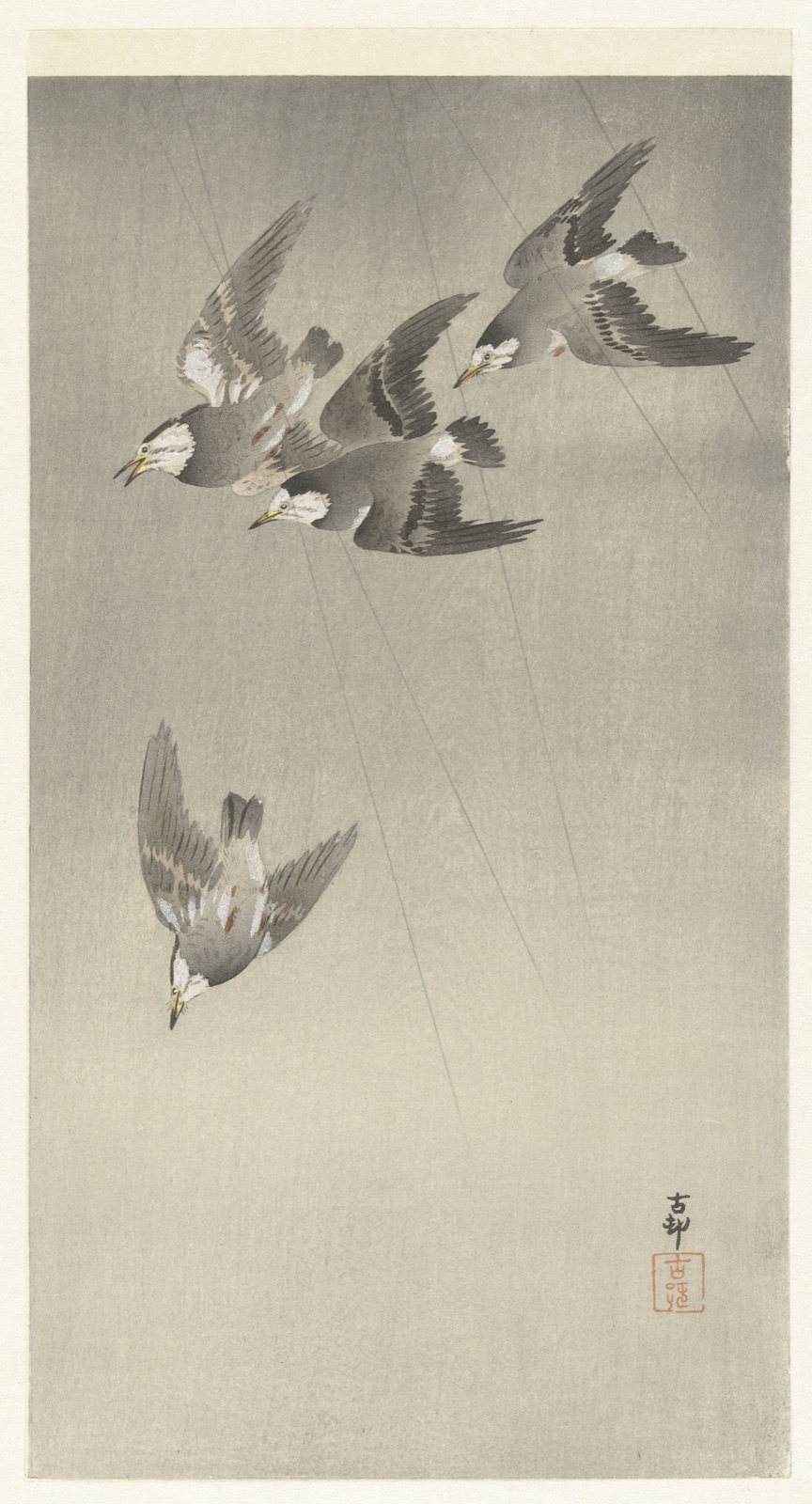 Spreeuwen in de regen — Ohara Koson (printmaker); Matsuki Heikichi (publisher)